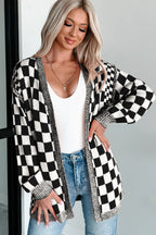 Black Checkered Open Front Drop Shoulder Cardigan