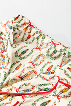 Festive Beige Nutcracker Print Silky 2-Piece Pajama Set with Contrast Trim and Tied Bow