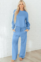 Beau Blue Floral Patchwork Drop Shoulder Pullover & Sweatpants Lounge Set - Cozy & Chic Loungewear
