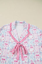 Festive Pink Bow Wreath Pattern Christmas Holiday Tied Front Long Sleeve 2-Piece Pajama Set