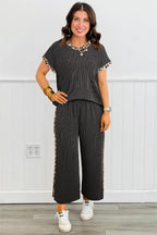 Carbon Grey Leopard Patchwork Edge Twisted Rib T Shirt and Cropped Pants Set