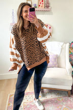 Khaki Stripe Color Block Patchwork Leopard Casual Sweatshirt with Slits