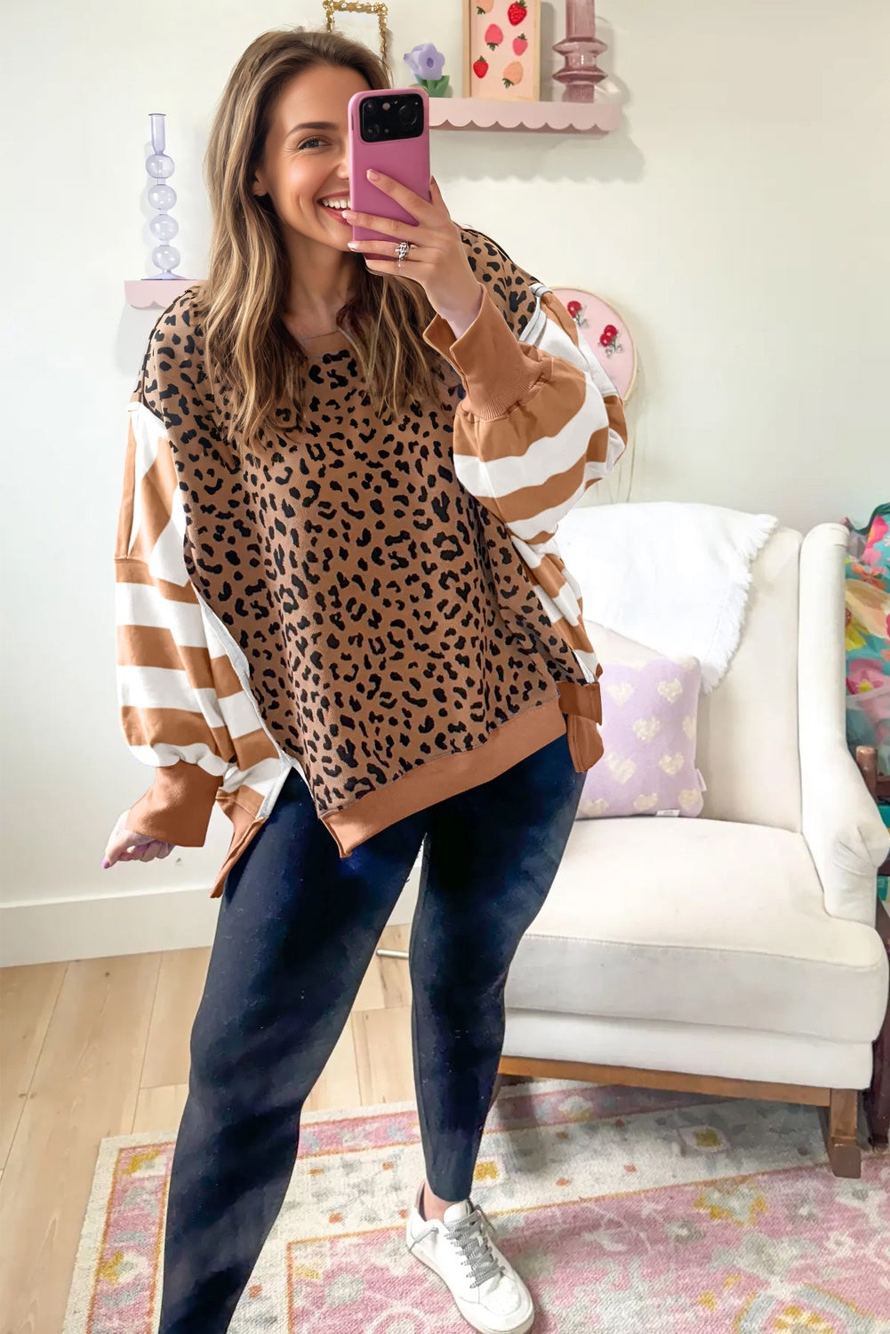 Khaki Stripe Color Block Patchwork Leopard Casual Sweatshirt with Slits