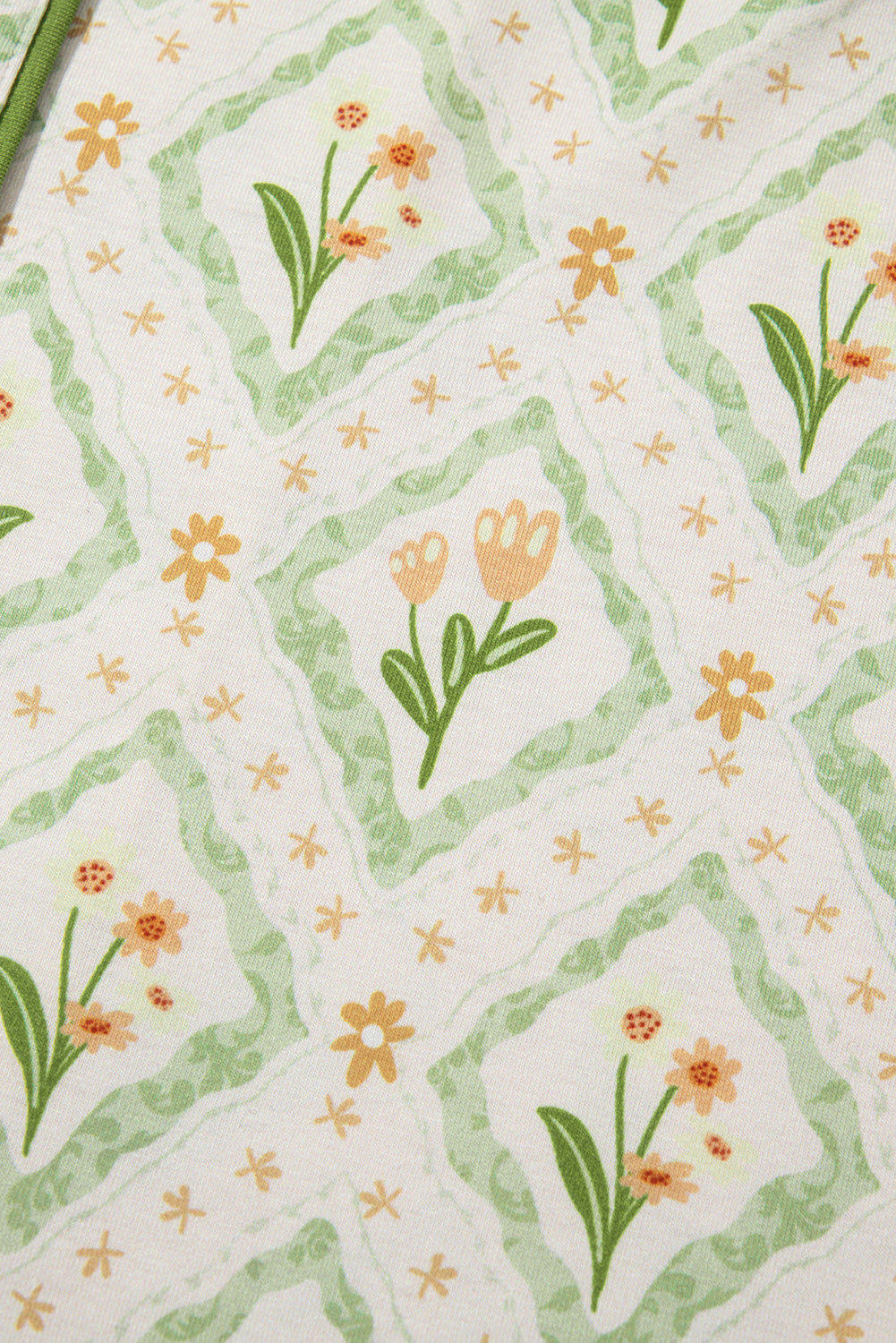 Green Floral Print Turn-down Collar Short Pajamas Set