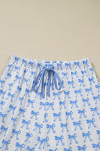 Sky Blue Bow Print Long Sleeve Shirt & Pants Pajama Set - Soft & Cozy Sleepwear for Women