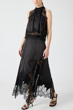 Elegant Lace Pleated Collar Sleeveless Top with Irregular Slit Satin Skirt Set - Perfect for Parties and Vacations