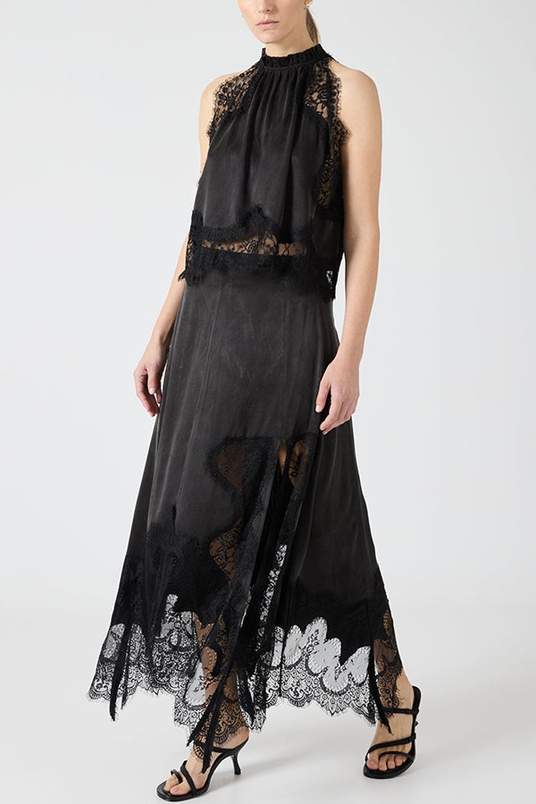 Elegant Lace Pleated Collar Sleeveless Top with Irregular Slit Satin Skirt Set - Perfect for Parties and Vacations