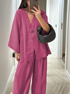 Women's Casual V-Neck Top and Matching Pants Two-Piece Set for Daily, Holiday, and Going Out