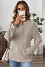 Simply Taupe Ribbed Texture Drop Shoulder Henley Knit Top