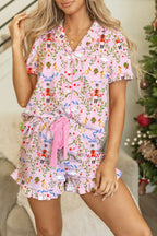 Festive Pink Nutcracker Doll Christmas Pajama Set - 2 Piece Ribbon Tie Waist Short Sleepwear for Women