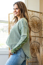 Green Stripe Thermal Knit Drop Shoulder Casual Top