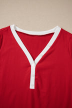 Fiery Red Contrast Trim Button V Neck Ribbon Bow Knot Waist 2pcs Lounge Pant Set