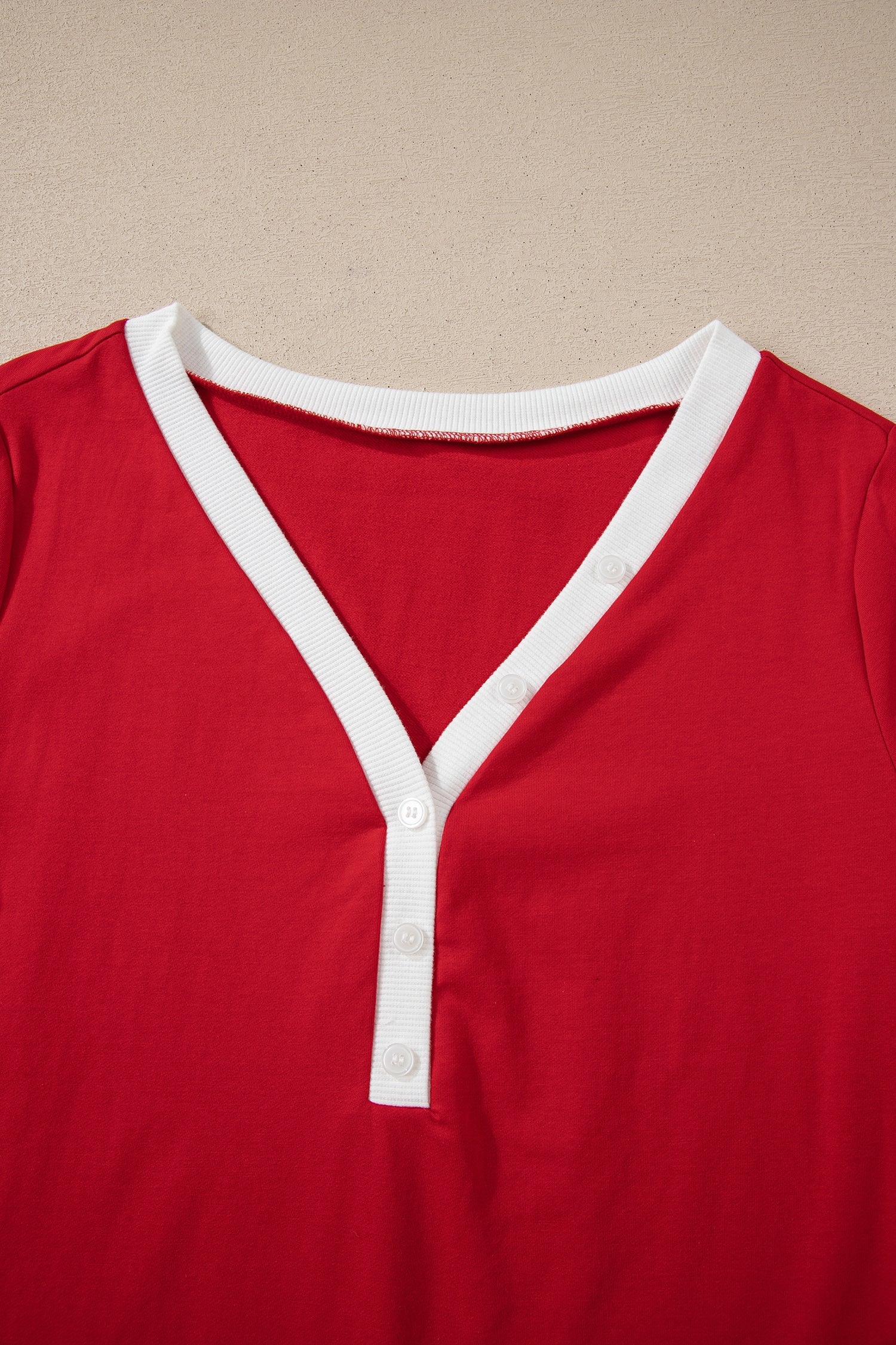 Fiery Red Contrast Trim Button V Neck Ribbon Bow Knot Waist 2pcs Lounge Pant Set