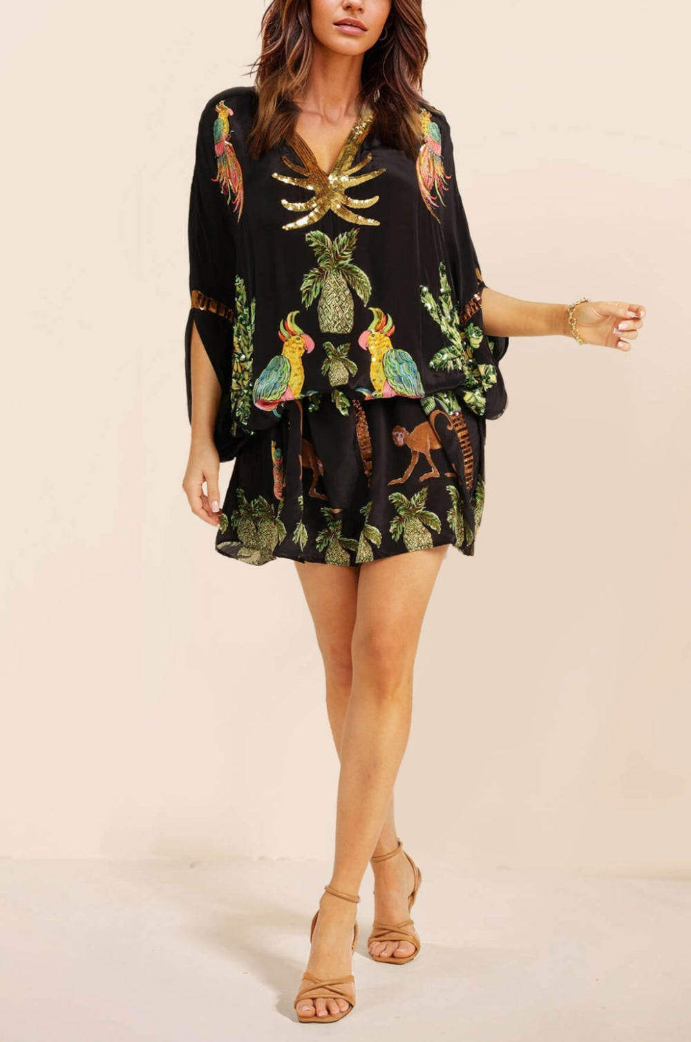 Unique Drop Shoulder Sleeve Dress with Vibrant Coconut Tree Print - Perfect for Tropical Vacations