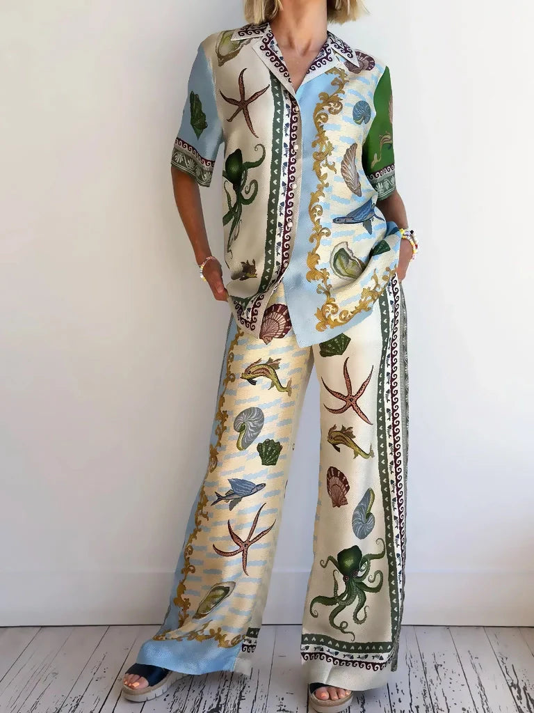 Elegant Deep Sea Floral Print Loose Shirt and Matching Pants Set - Versatile Beach Cover-up and Casual Wear
