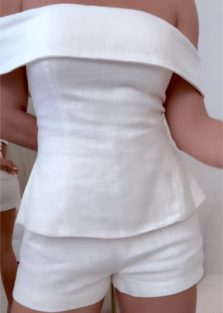 Elegant White Cotton and Linen Two-piece Suit - Cropped Top & Pants Set