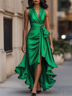 Midnight Elegance Satin Halter Ruffle Gown