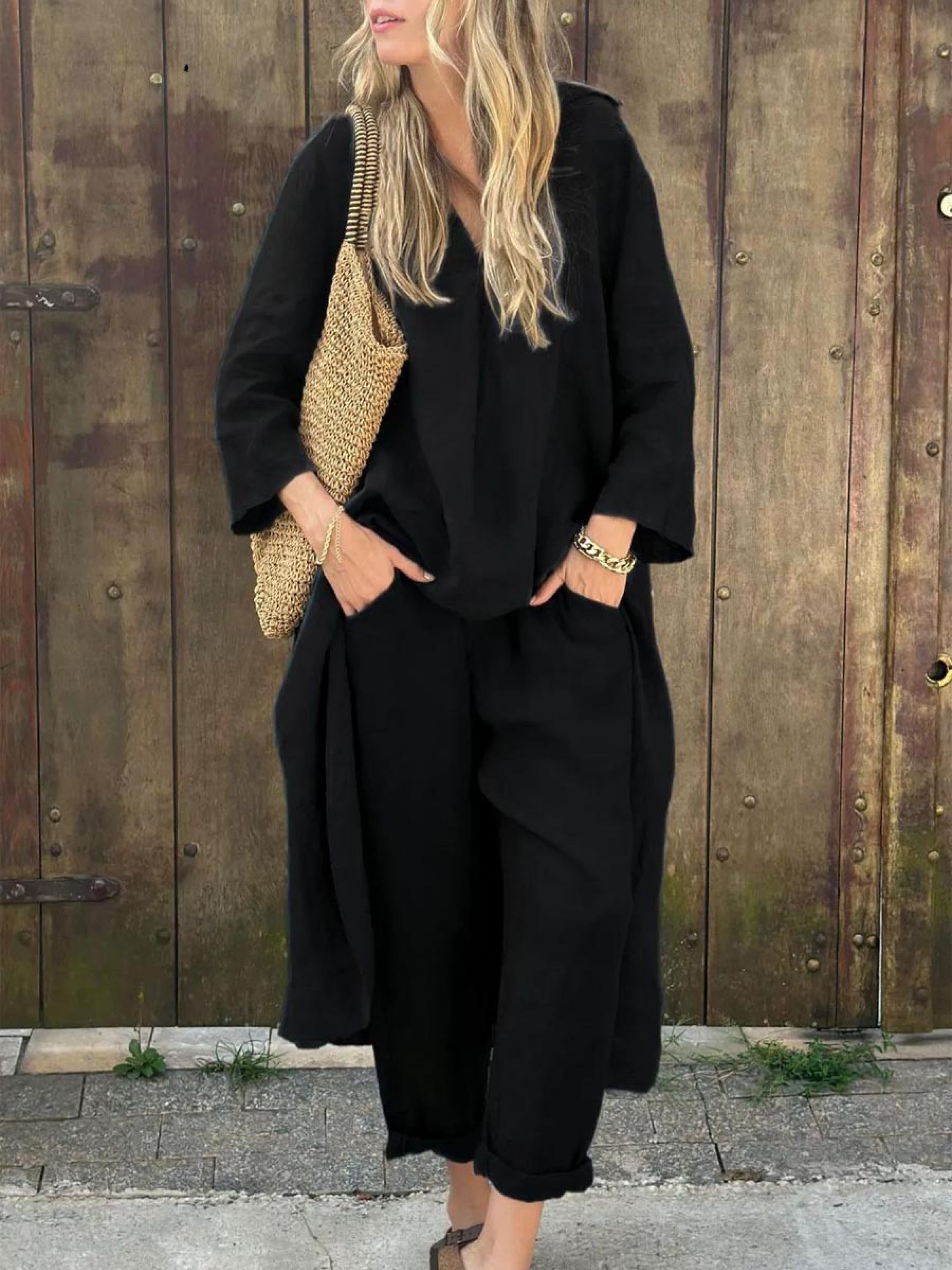 Women's Linen Blend V-Neck Long Sleeve Loose Top & High-Waisted Wide-Leg Pants Set - Perfect for Spring Casual Wear