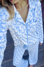 Sky Blue Bow Print Long Sleeve Shirt & Pants Pajama Set - Soft & Cozy Sleepwear for Women