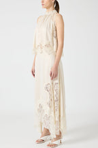 Elegant Lace Pleated Collar Sleeveless Top with Irregular Slit Satin Skirt Set - Perfect for Parties and Vacations
