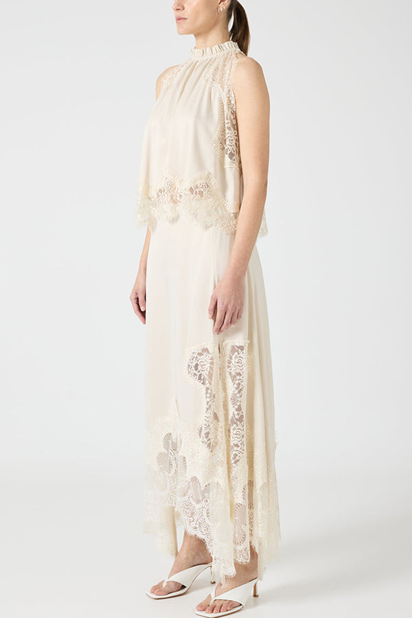 Elegant Lace Pleated Collar Sleeveless Top with Irregular Slit Satin Skirt Set - Perfect for Parties and Vacations