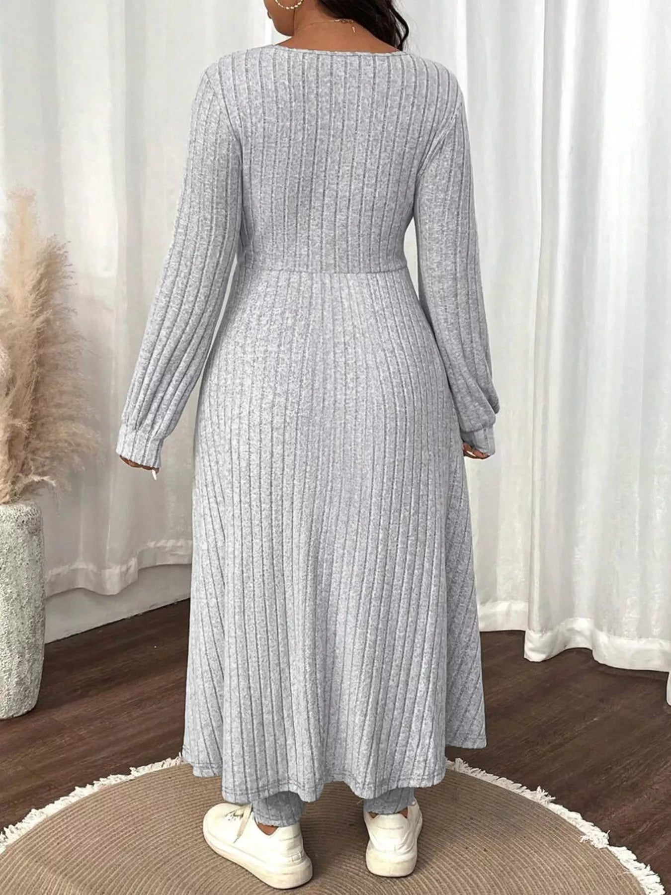 Plus Size Ribbed Knit Long Sleeve Split Dress & Leggings Set