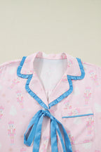 Festive Pink Nutcracker Long Sleeve Pajama Set with Bow Tie Detail