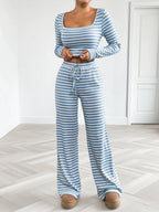 Striped Square Neck Long Sleeve Top and Pants Lounge Set