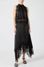 Elegant Lace Pleated Collar Sleeveless Top with Irregular Slit Satin Skirt Set - Perfect for Parties and Vacations