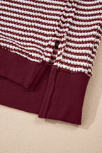 Red Stripe Ribbed Trim Drop Shoulder Long Sleeve Oversize Top