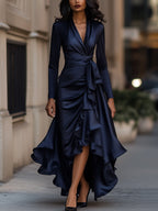 Midnight Blue Draped Satin Maxi Dress With Ruffle Details