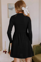 Black Frilled Neck Ribbed Knit Patchwork Long Sleeve Mini Dress