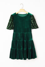 Evergreen Sequin Puff Sleeve High Waist Tiered Velvet Mini Dress