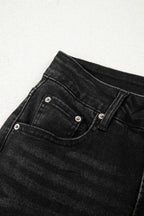 Black Raw Hem Straight Leg Loose High Waist Jeans