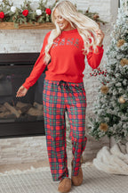 Festive Red Plaid Mama Graphic Christmas Holiday Crewneck Pullover and Pants Two-Piece Lounge Set