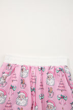 Women's Pink "Ho Ho Ho" Christmas Fashion Print 2-Piece Lounge Short Set - Long Sleeve Top & Shorts