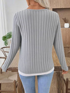 Ribbed Knit Long Sleeve Henley T-Shirt