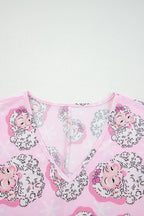 Festive Pink Santa Claus Print V-Neck Tee and Drawstring Pants 2-Piece Lounge Set for Women