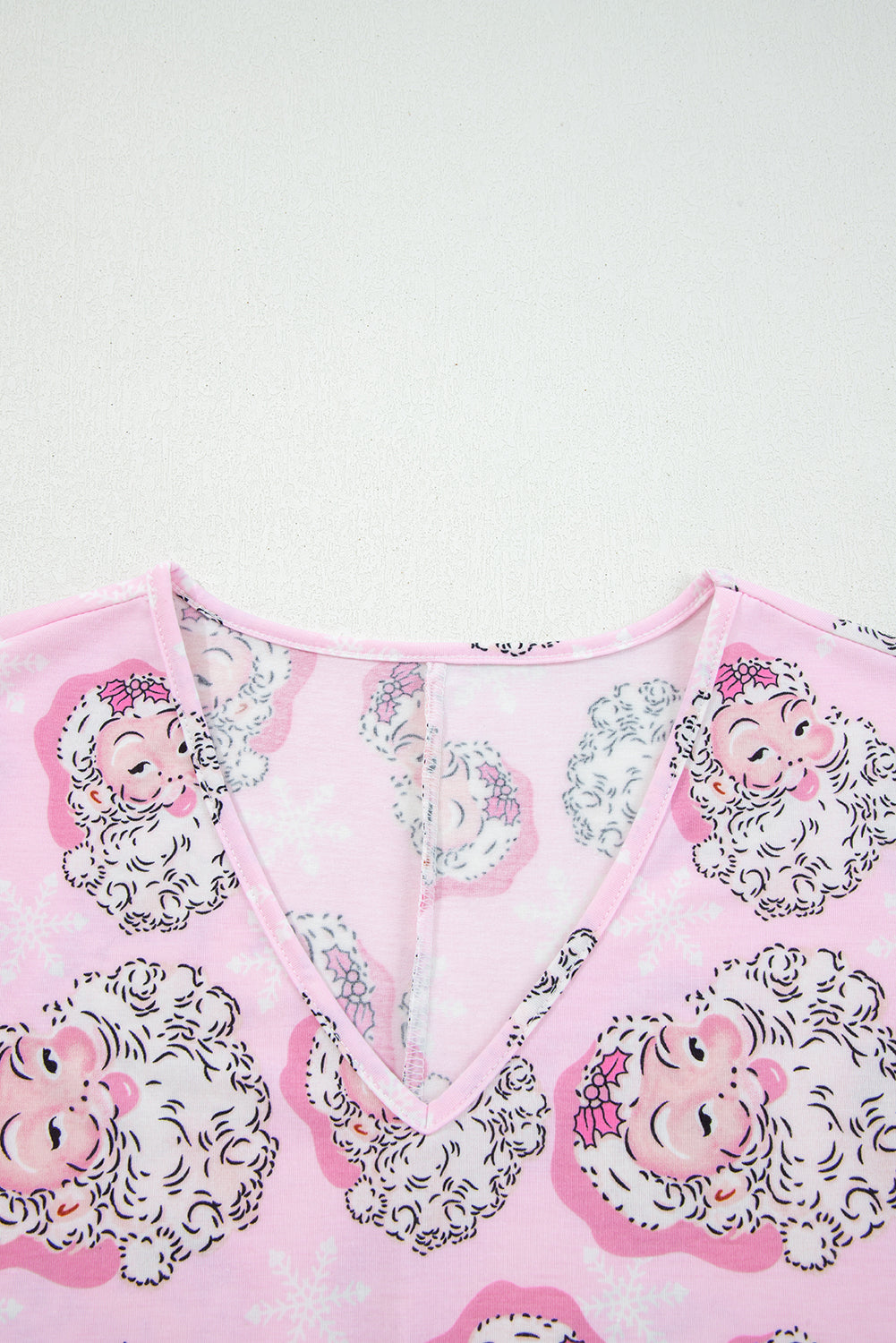 Festive Pink Santa Claus Print V-Neck Tee and Drawstring Pants 2-Piece Lounge Set for Women