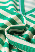 Green Striped Contrast Collar Split Neck Long Sleeve Mini Dress