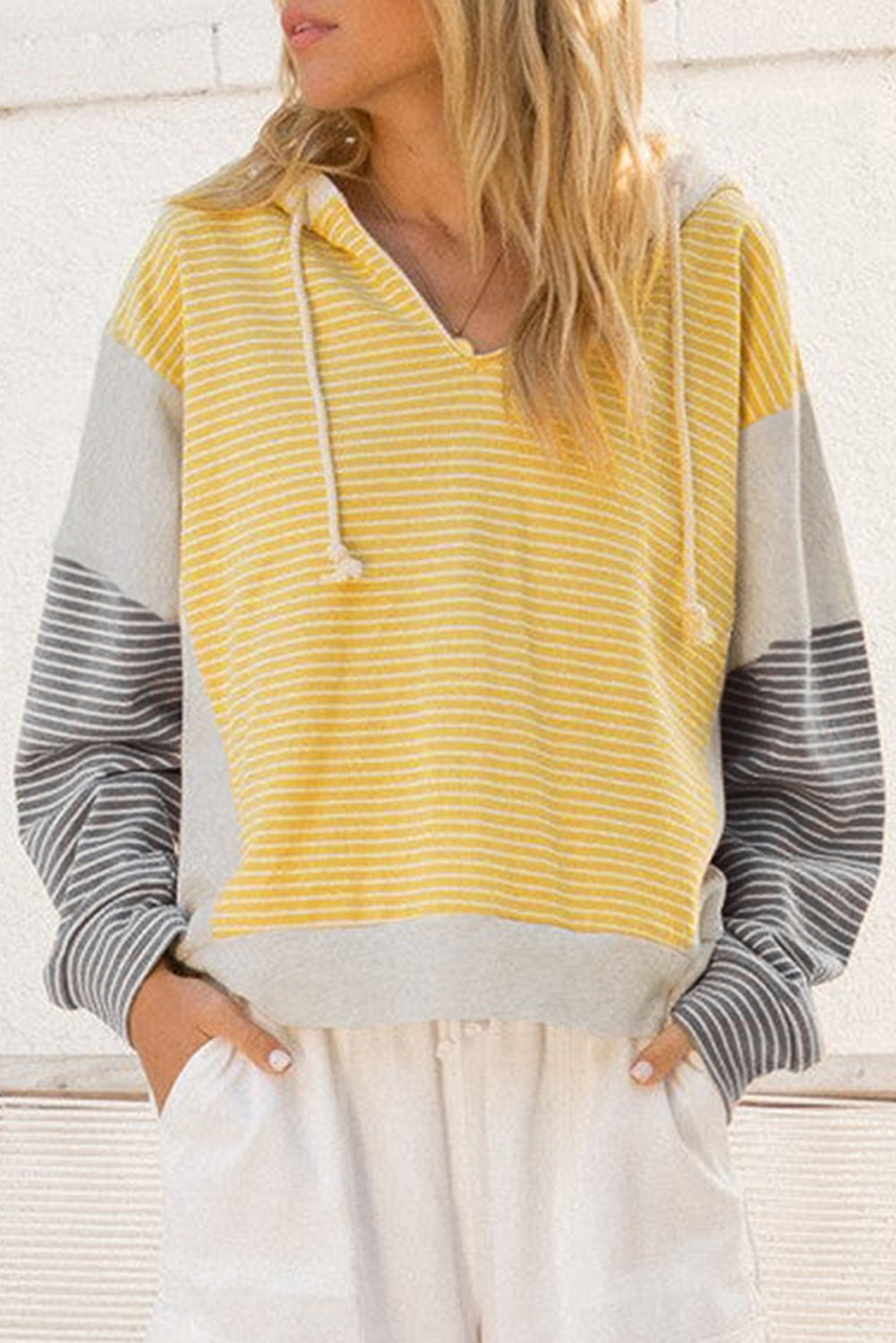 Yellow Stripe Color Block Drawstring V Neck Loose Fit Hooded Top