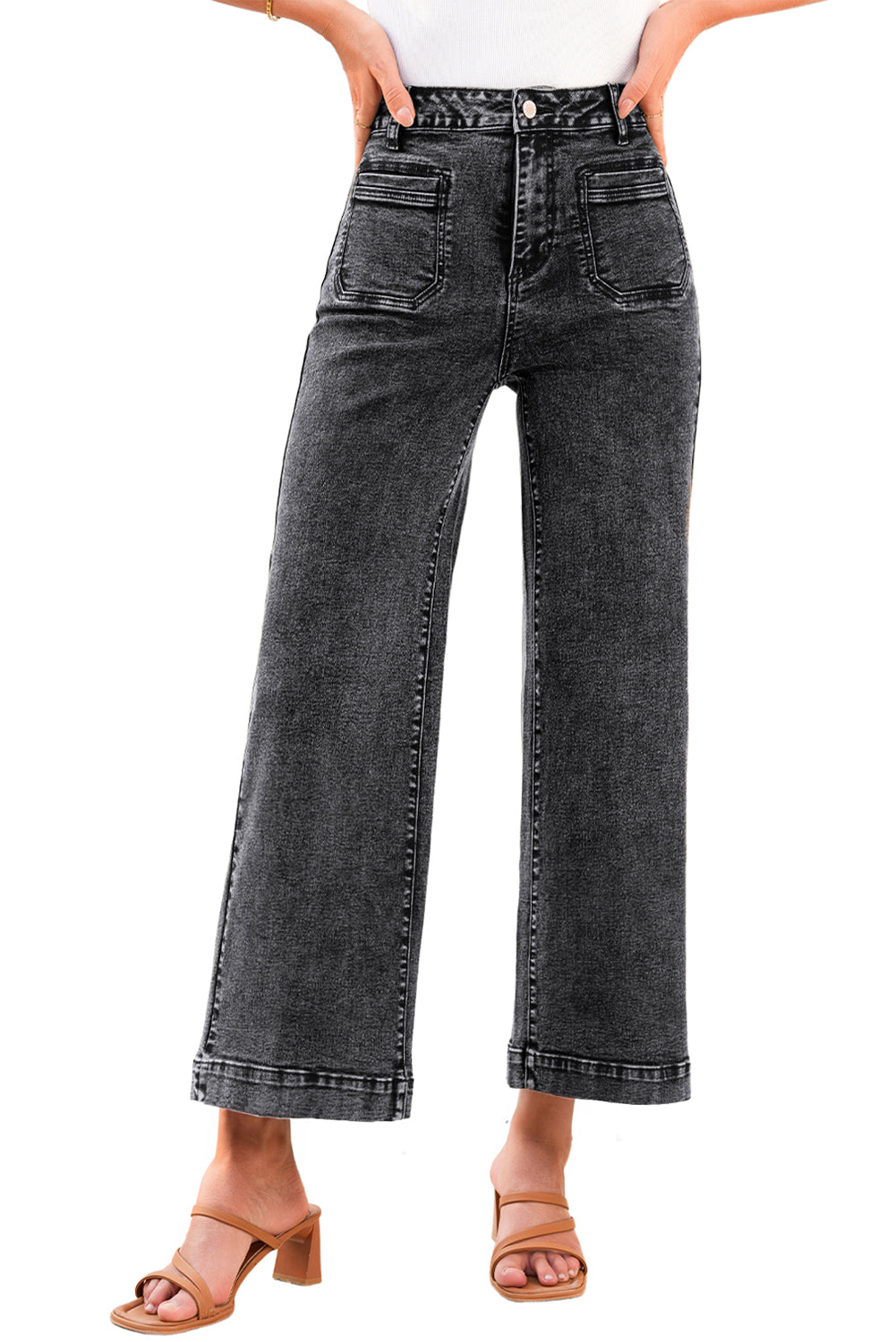 Black Chic Patch Pocket Straight Leg Loose Jeans
