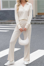 Beige Collared Split Neck Ribbed 2pcs Athleisure Outfit