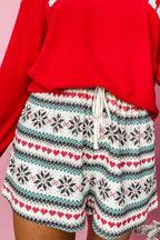 Fiery Red Snowflake Print Long Sleeve Wide Leg Lounge Set for Women - Festive Holiday Sleepwear