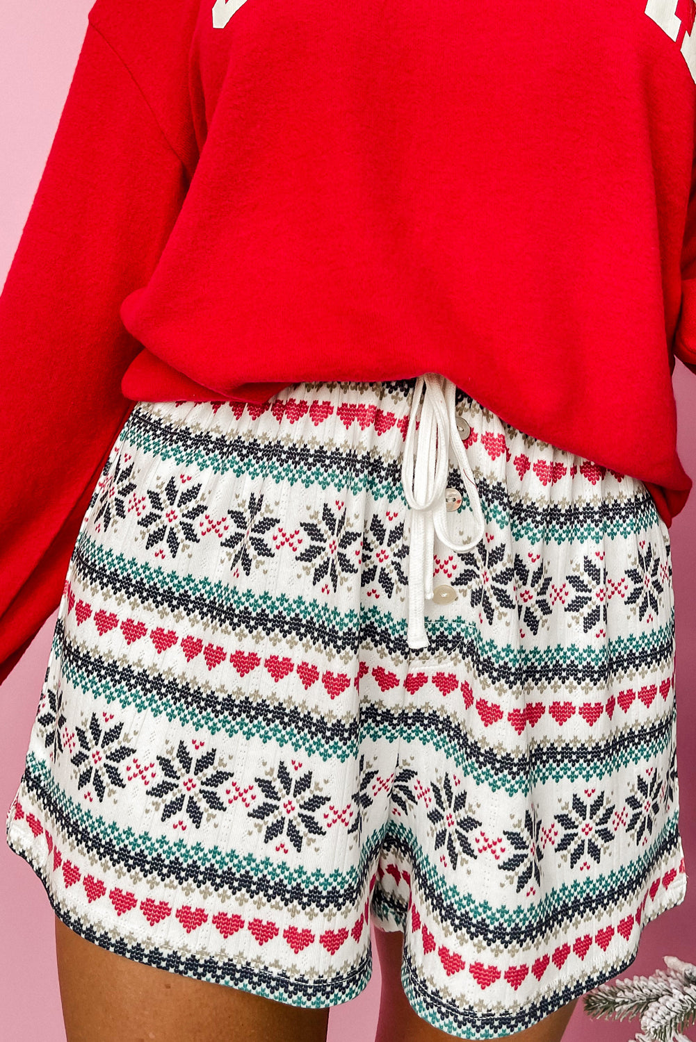 Fiery Red Snowflake Print Long Sleeve Wide Leg Lounge Set for Women - Festive Holiday Sleepwear