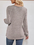 Ribbed Knit V-Neck Long Sleeve T-Shirt