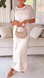 Elegant Boat Neck Hollow Airy Two-piece Dress - Breathable Polyester Outfit