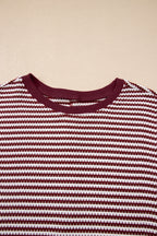 Red Stripe Ribbed Trim Drop Shoulder Long Sleeve Oversize Top