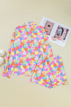 Pink Valentines Candy Heart V Neck Collared Tunic Shirt and Shorts 2pcs Pajama Set for Women