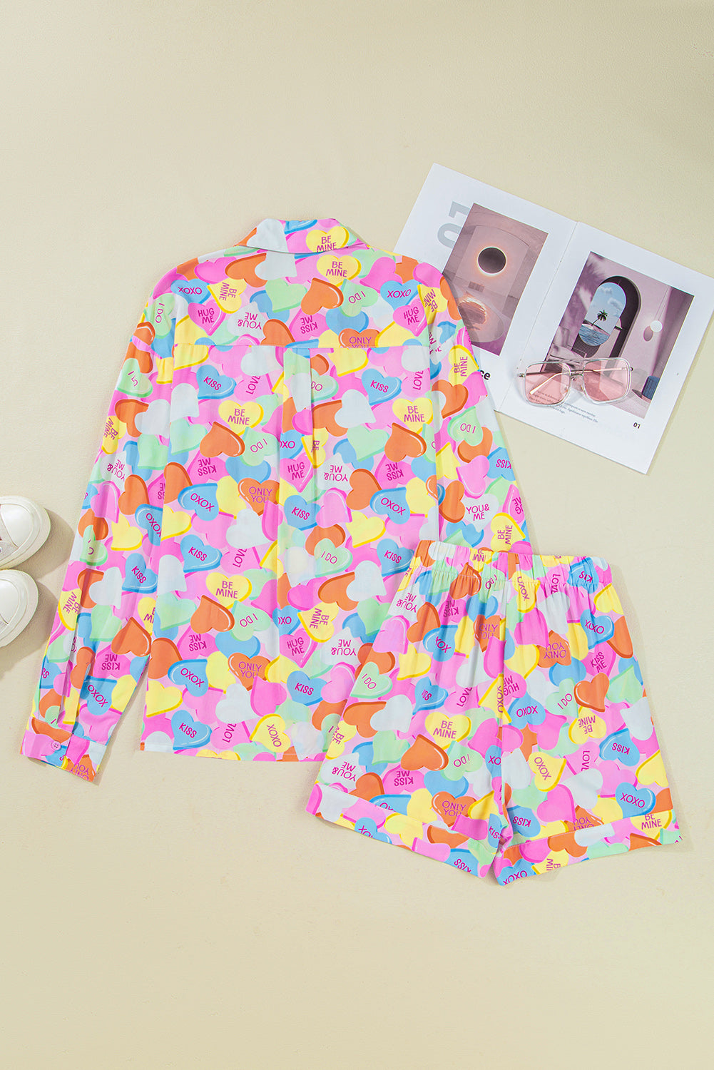 Pink Valentines Candy Heart V Neck Collared Tunic Shirt and Shorts 2pcs Pajama Set for Women
